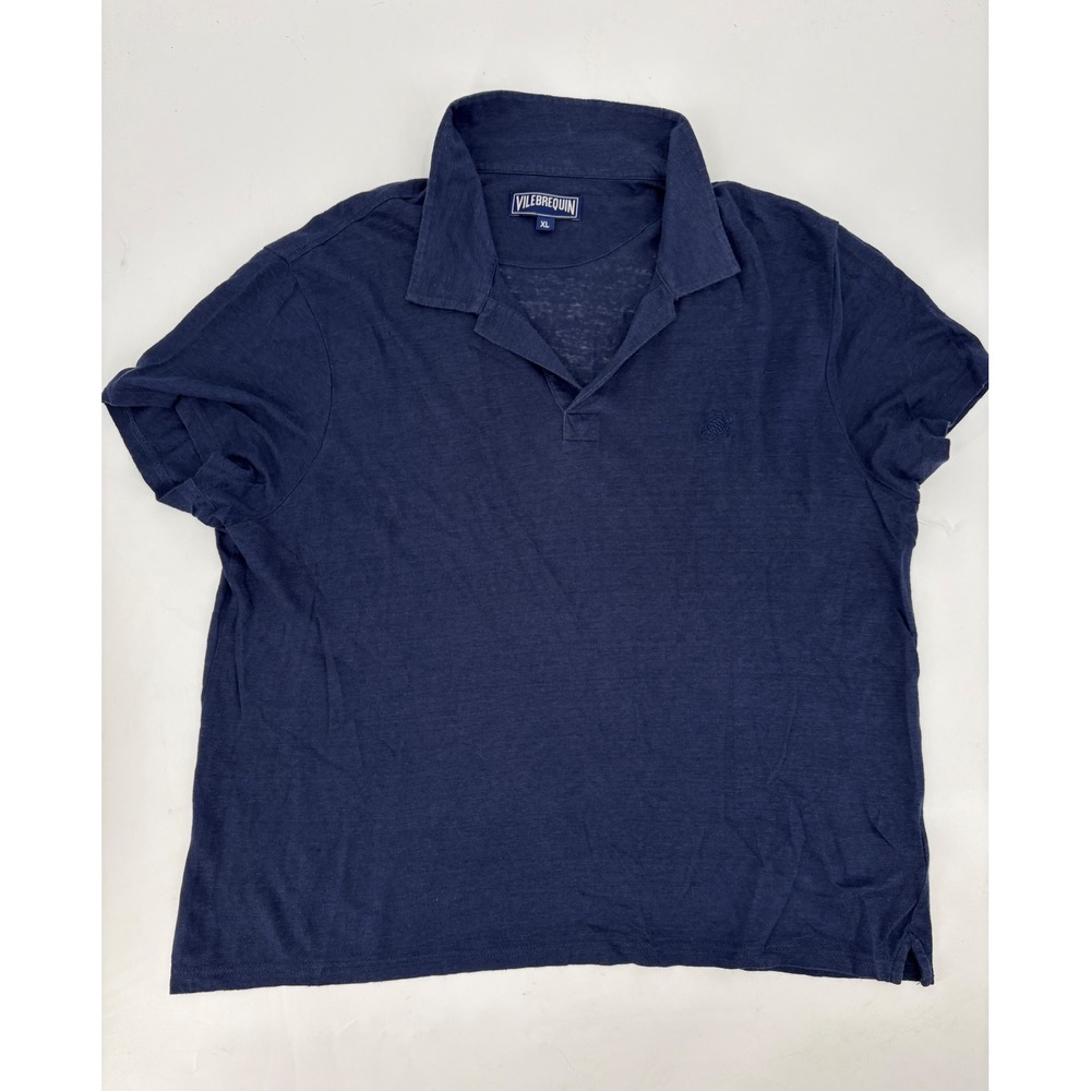 Vilebrequin Mens XL Navy Blue 100% Linen Jersey Short Sleeve Polo Shirt Turtle